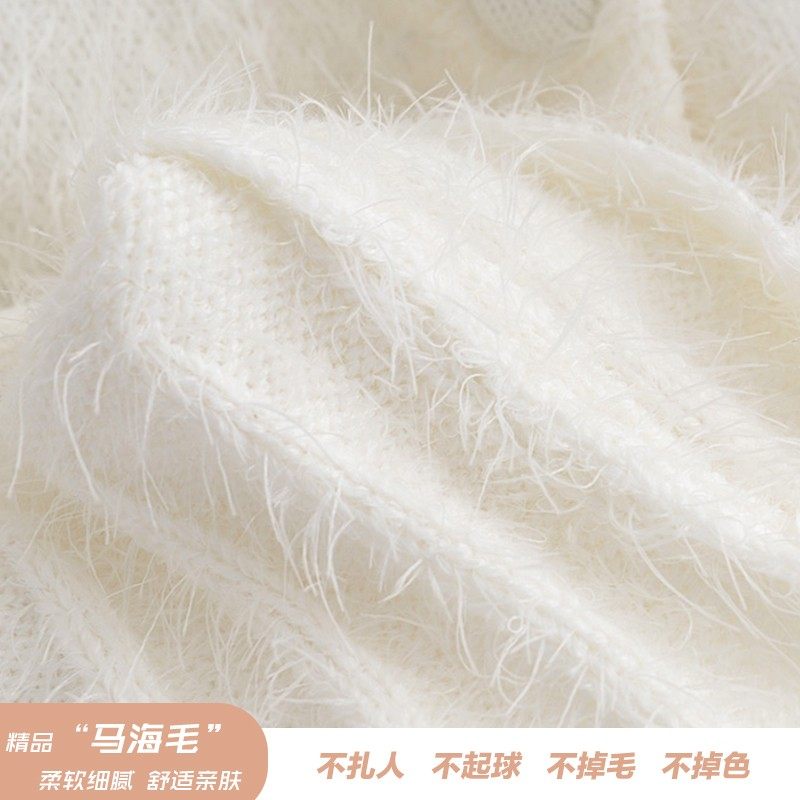 马海毛针织开衫毛绒绒毛衣女欧美短款露脐宽松V领上衣小外套薄款