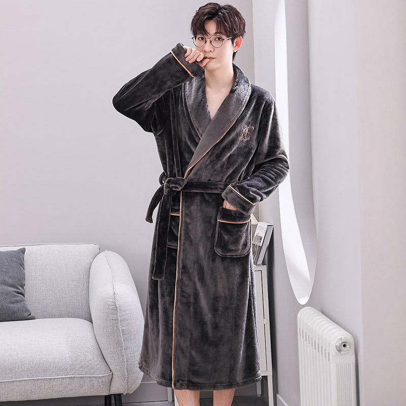 睡袍男秋冬季珊瑚绒加绒加厚法兰绒浴袍男款冬天大码长款睡衣晨袍