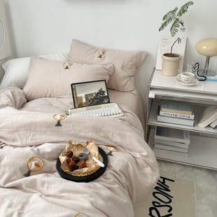 鹅教授柔软双层纱全棉四件套 毛巾绣纯棉床单床笠4件套单人三件套