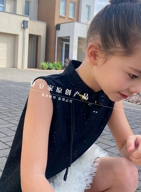 豆豆家新中式儿童旗袍盘扣黑色国风旗袍气质无袖a字小黑裙纱纱裙