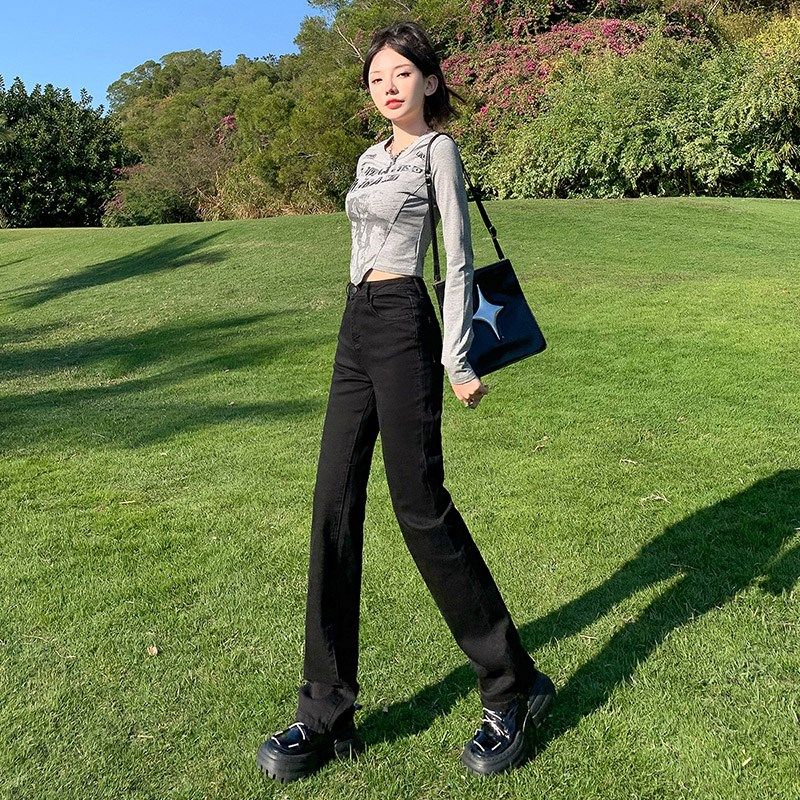 黑色直筒牛仔裤女2024年新款春秋高腰显瘦小个子烟管窄版阔腿裤子