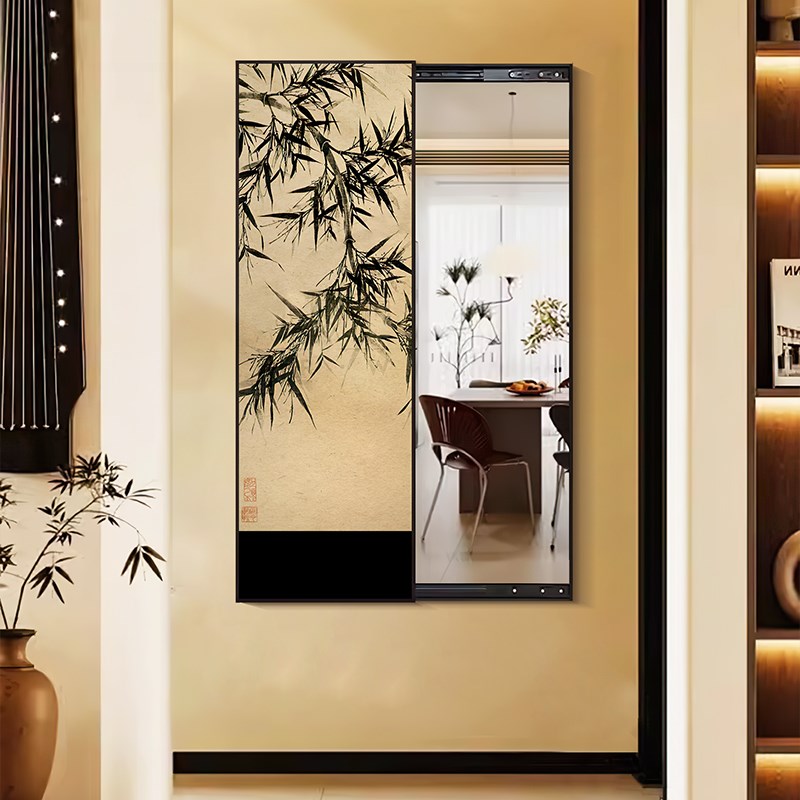 墨竹可推拉全身镜挂画隐藏式穿衣镜子玄关装饰可开关壁画中古风