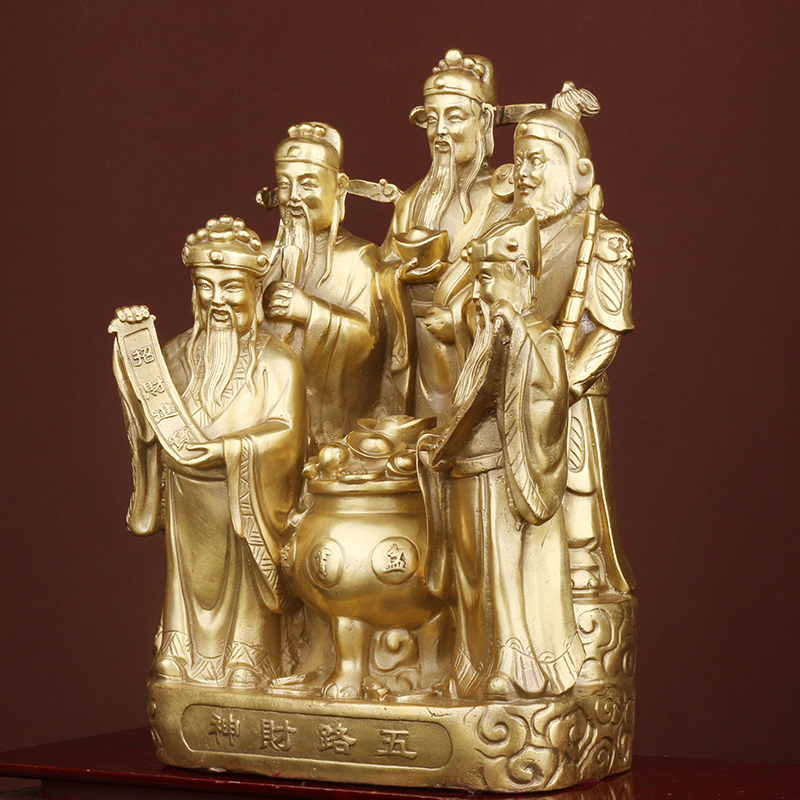 財神大号纯铜財神爷佛像黄铜五路財神聚宝盆铜像 財神像招財摆件