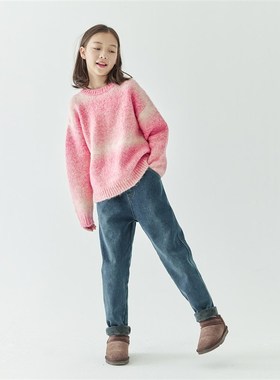 棵初2024年冬季新款儿童弹力加绒小脚牛仔裤女童水洗磨白复古长裤