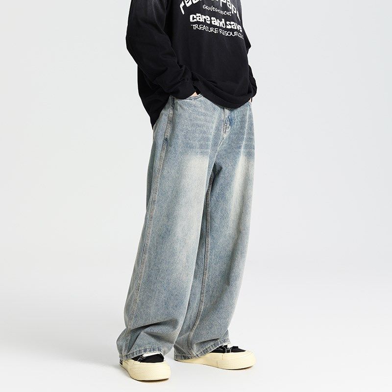 怕生的鹿 美式休闲复古蓝水洗直筒牛仔裤男小众宽松垂感阔腿长裤