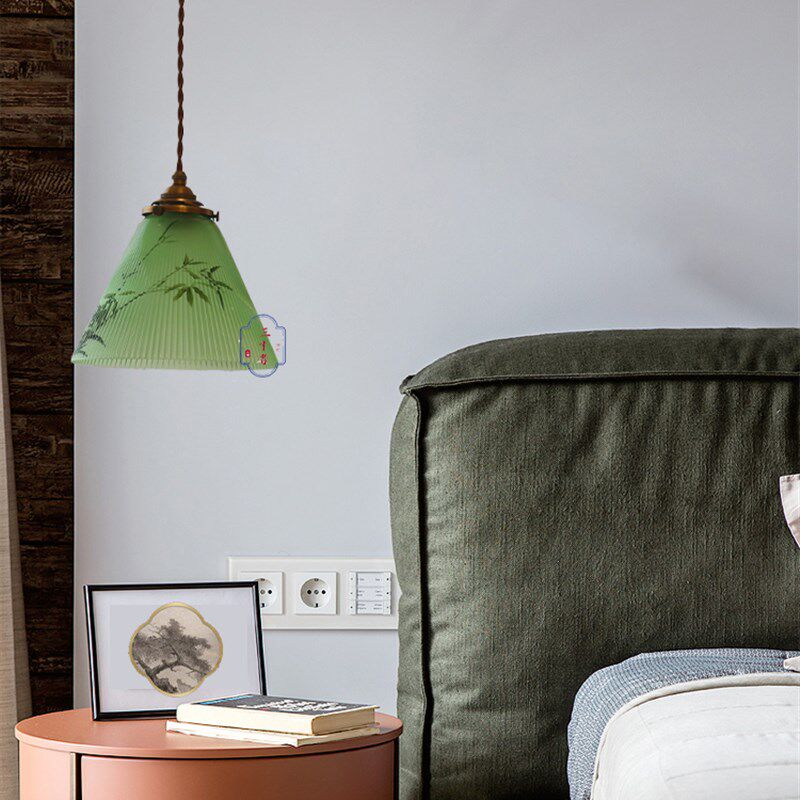 复古绿色百褶玻璃吊灯古铜古银色灯具茶室 餐厅卧室阳台 文艺灯具