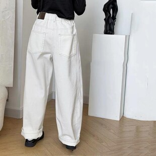 儿童立体弧度白色牛仔弯刀裤女童春装阔腿直筒裤男童春秋宽松裤子