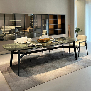 天然普拉达绿奢石餐桌椅组合现代简约轻奢别墅家用长方形大理石桌