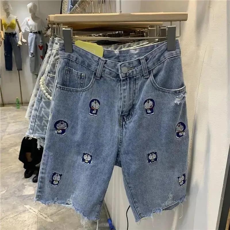 2-300斤大码女装胖mm牛仔中裤女宽松破洞高腰刺绣直筒阔腿五分裤