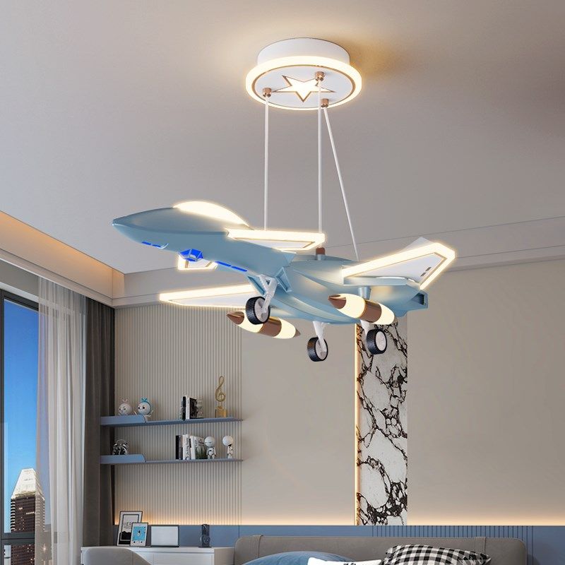 儿童房飞机自动收缩吊灯现代简约大气男孩卧室书房护眼灯具