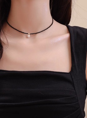 韩国黑色珍珠项链女小众设计高级感精致颈链2024年新款爆款锁骨链