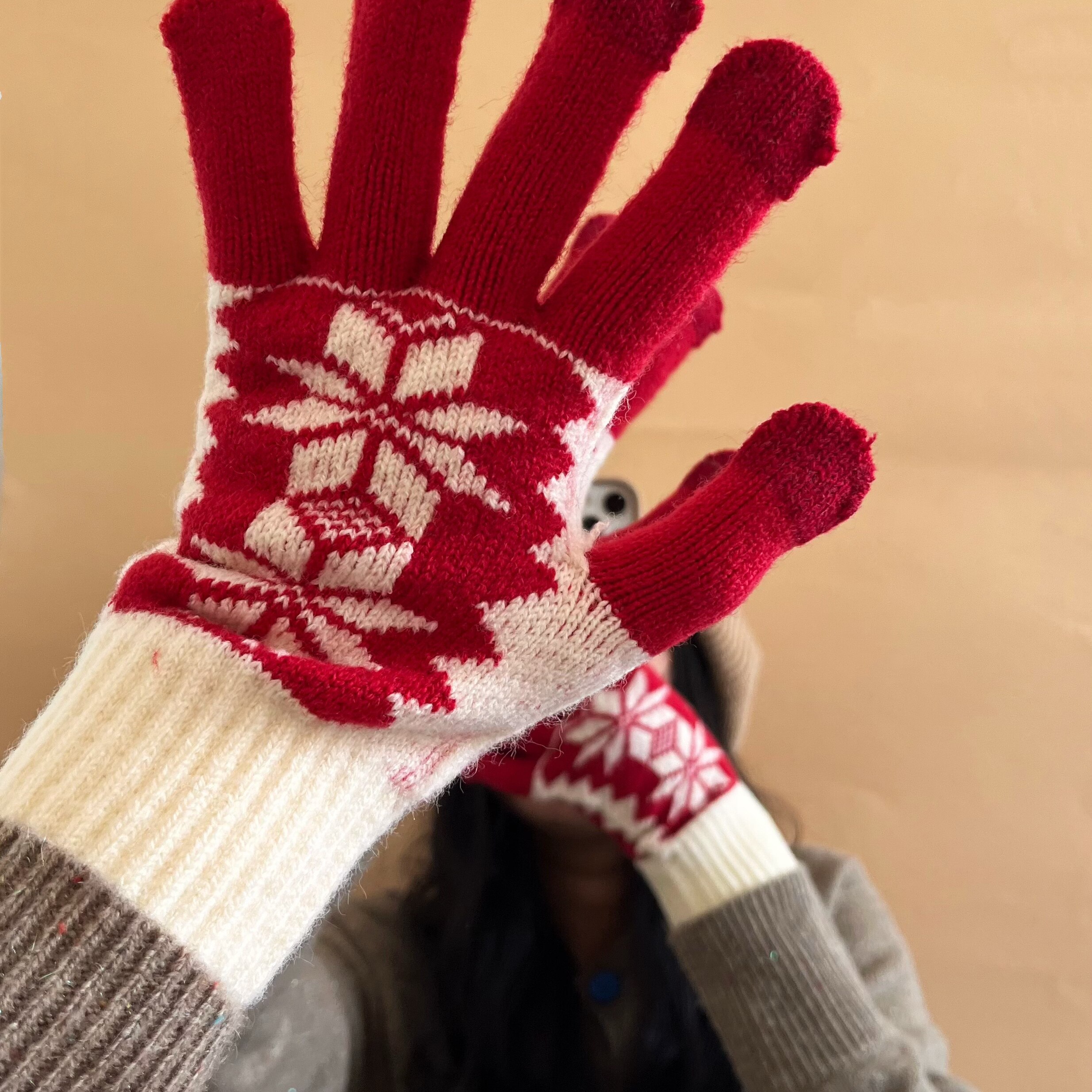 秋冬季针织文艺雪花手套女加厚加绒触屏分指保暖复古花纹毛线手套