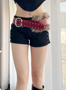 y2k辣妹毛绒铆钉腰带女红色百搭重工设计感金属扣皮带个性腰封