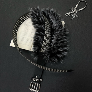 亚文化辣妹Y2k复古一片绑带式黑色毛毛腰带仿皮草腰封毛绒腰链