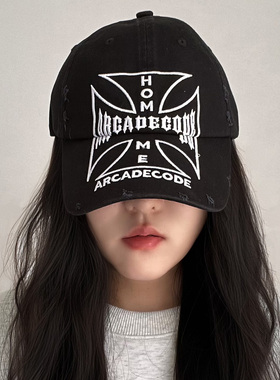 美式十字HOM街头棒球帽男女款黑灰色大头围防晒鸭舌帽朋克潮酷帽