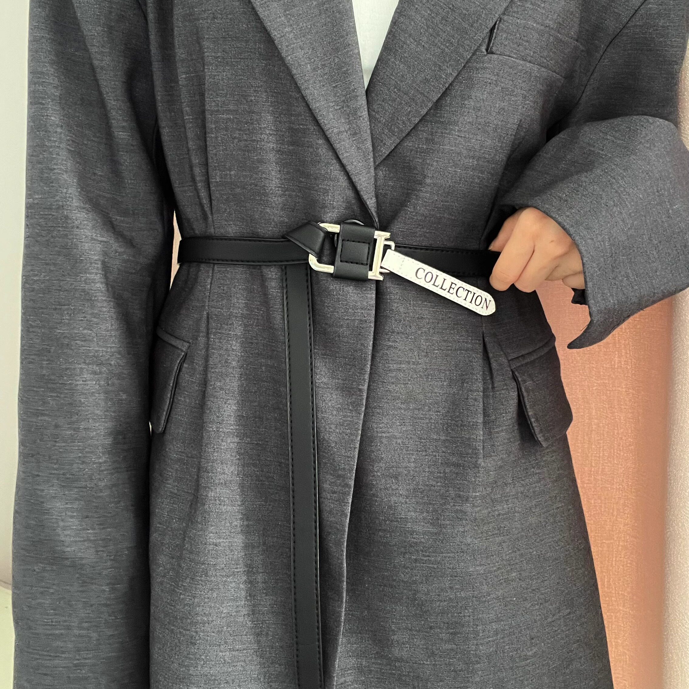 黑色细腰带时尚简约字母吊牌搭配衬衫西装简约新款软皮裤带女裤带