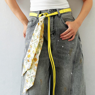 黄色系花朵双面丝巾千金风少女款明黄色菱形丝带领部丝巾穿搭配饰