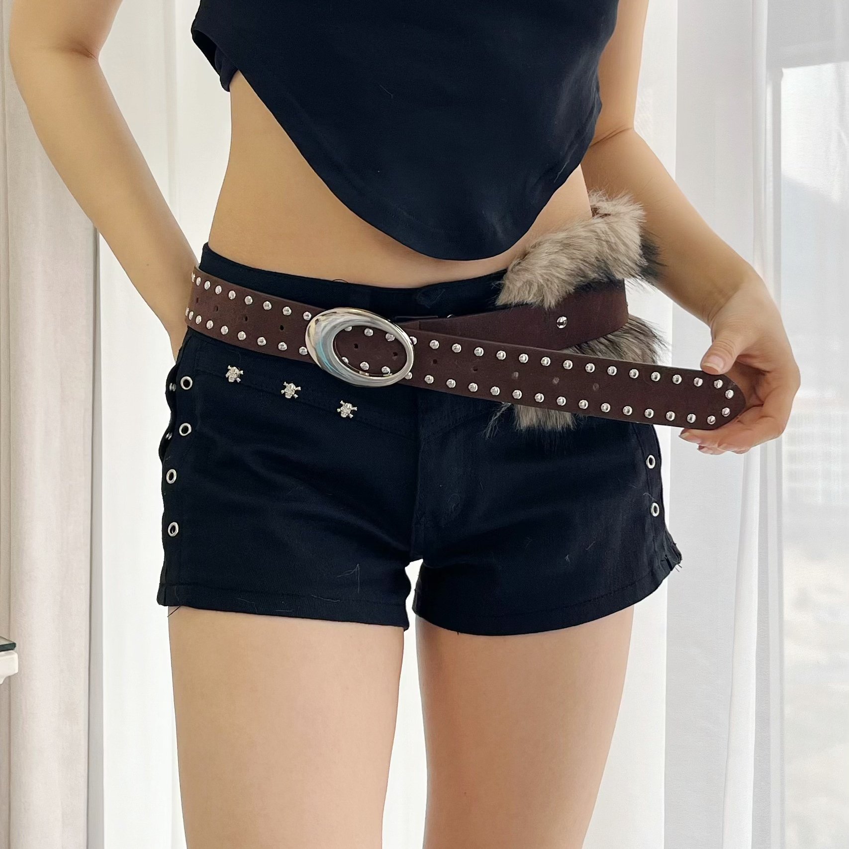 重工铆钉毛毛腰带美式复古