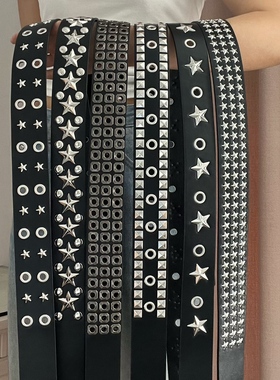 黑色双排扣镂空星星装饰腰带千禧年y2朋克风辣妹个性铆钉多孔皮带