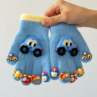 秋冬季小汽车儿童分指手套卡通玩偶5-10岁保暖五指手套防风简约款