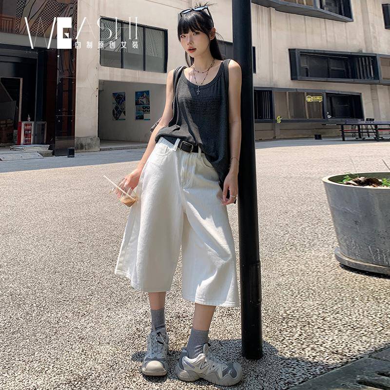 白色直筒七分牛仔短裤女2025新款韩版高腰宽松休闲垂感阔腿五分裤