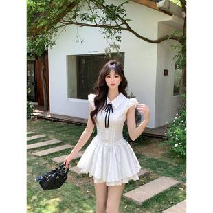 越韩小鱼 蓬蓬裙 悸动青春 白色甜美少女翻领设计感连衣裙女小飞袖