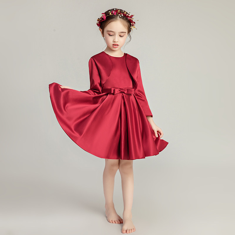 儿童晚礼服公主裙女童晚宴花童礼裙酒红色长袖主持人钢琴演出服秋