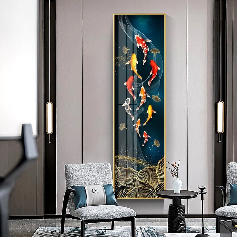 挂画竖版窄长画玄关别墅长条条幅装饰画酒店挂画极窄九鱼图竖定做图片