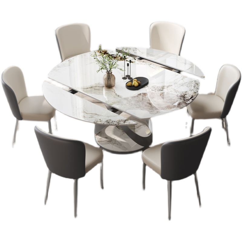 意式简风轻奢岩板餐桌椅组合折叠可旋转伸缩小户型家用方圆两用形