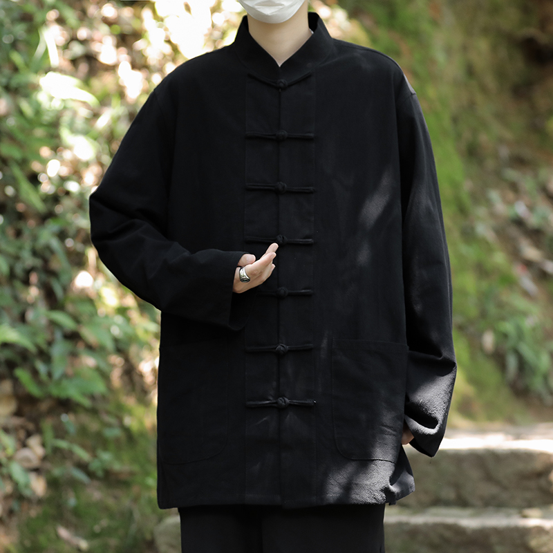 中式男装中国风盘扣花衬衫纯棉长袖2024夏季中山唐装立领宽松衬衣