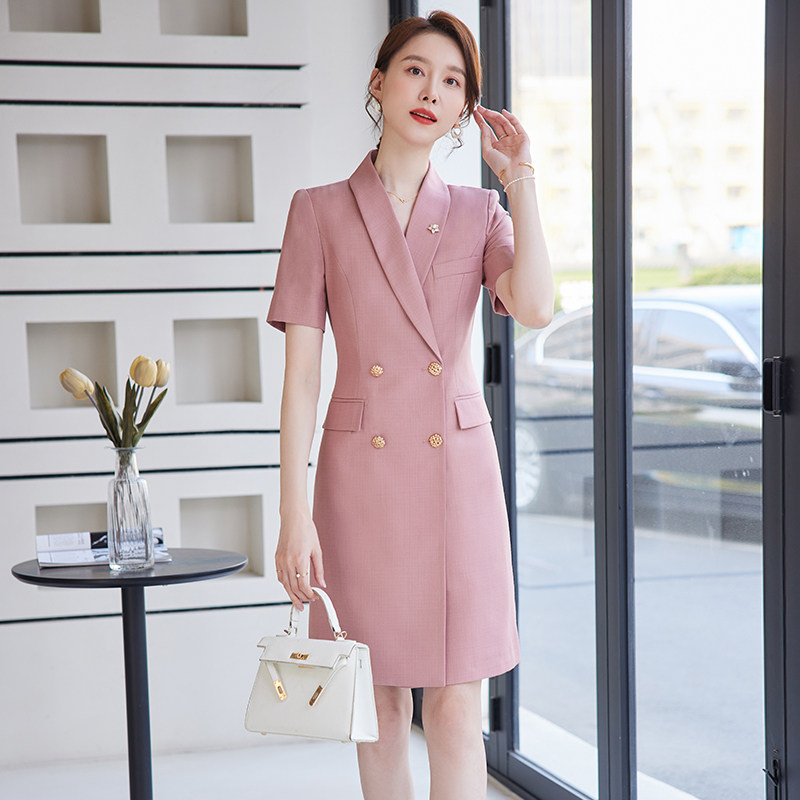 职业连衣裙女2025夏季新款双排扣粉色高端气质西装裙前台接待工装