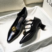 法式 气质黑色尖头粗跟k单鞋 女2024秋冬新款 复古一字扣带软皮高跟