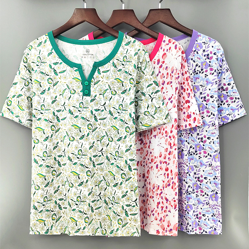 中老年人短袖半袖女士全纯棉夏季薄款加肥大码妈妈装 睡衣T恤汗衫