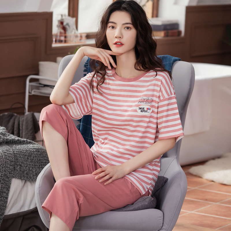 女士睡衣七分裤夏季薄款短袖套装休闲纯棉可外穿运动家居服春秋天