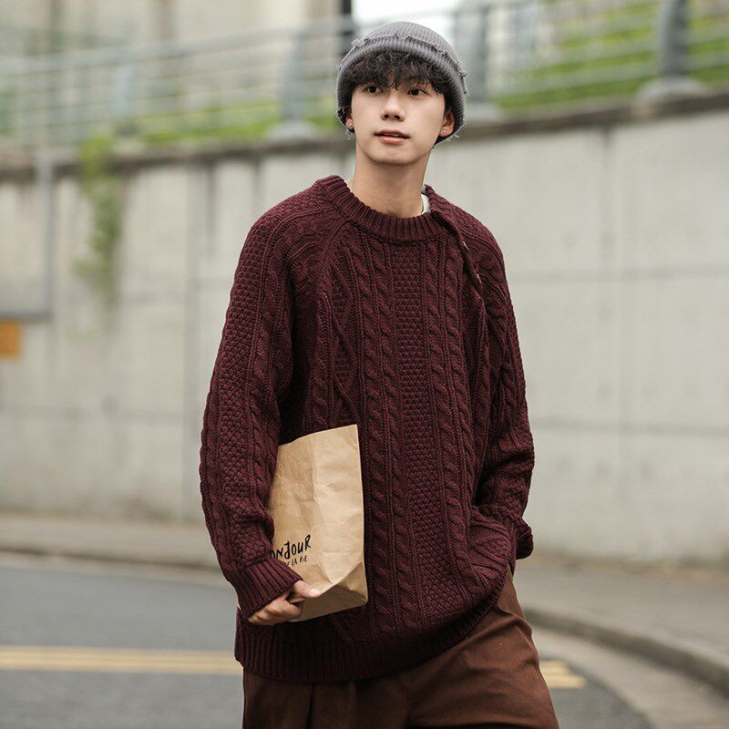 麻花套头圆领加厚毛衣日系复古慵懒针织衫情侣款休闲保暖毛线外套