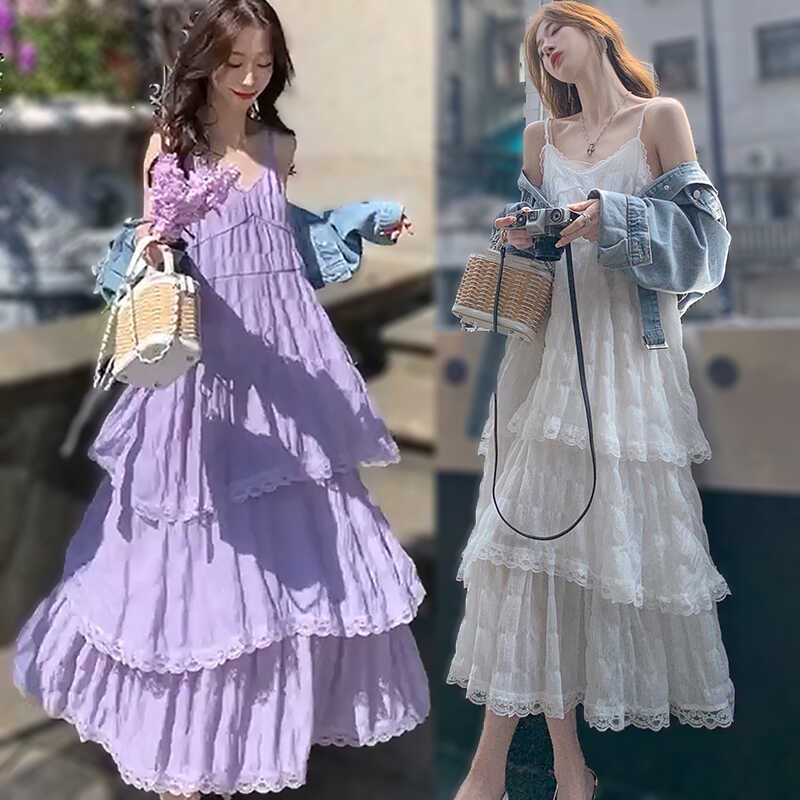 甜美超仙白色法式吊带连衣裙女装夏季度假风小个子宽松蛋糕中长