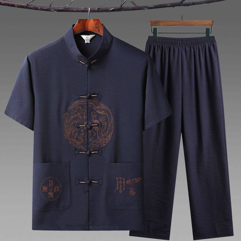 唐装男中老年短袖衬衫棉麻套装爸爸夏装爷爷装老人衣服中国风汉服