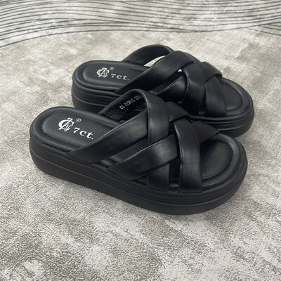 外贸拖鞋女外穿夏季773812新款凉拖女厚底沙滩真皮松糕厚底女拖鞋