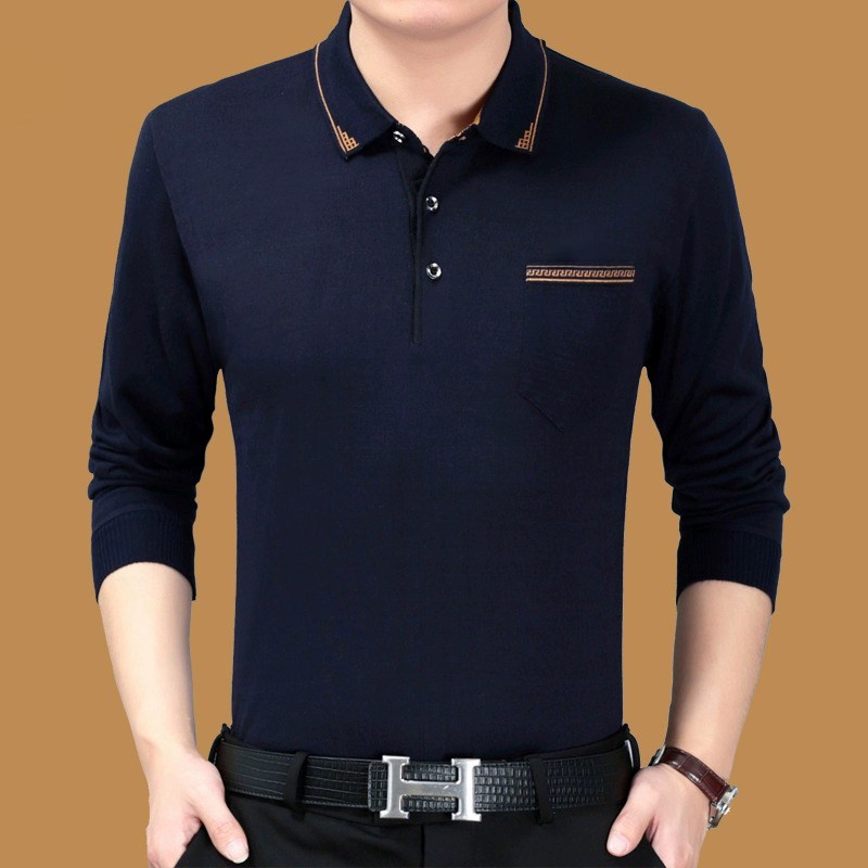 春秋新款长袖t恤男薄款中年秋衣服中老年人体恤衫上衣有口袋爸爸