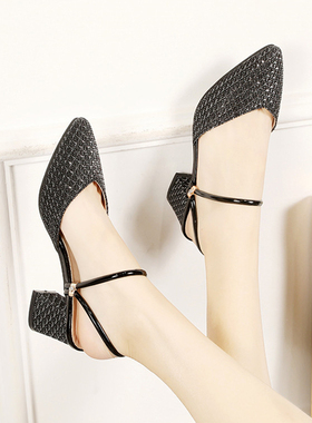 包头凉鞋女c粗跟2021年新款百搭夏季F高跟鞋时尚中跟尖头两穿半拖