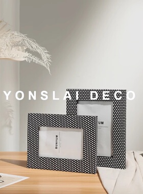 简约艺术实木黑白网格照片相框摆件床头柜博古架装V饰品样板间软