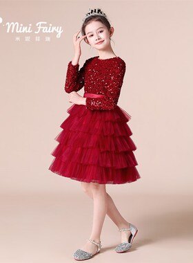 儿童生日礼服女童长袖公主裙蓬蓬纱裙女孩主持人比赛红色礼服冬款