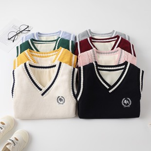 马甲女童2021春秋男童毛线背心洋气毛衣大童儿童针织外穿马夹蓝色
