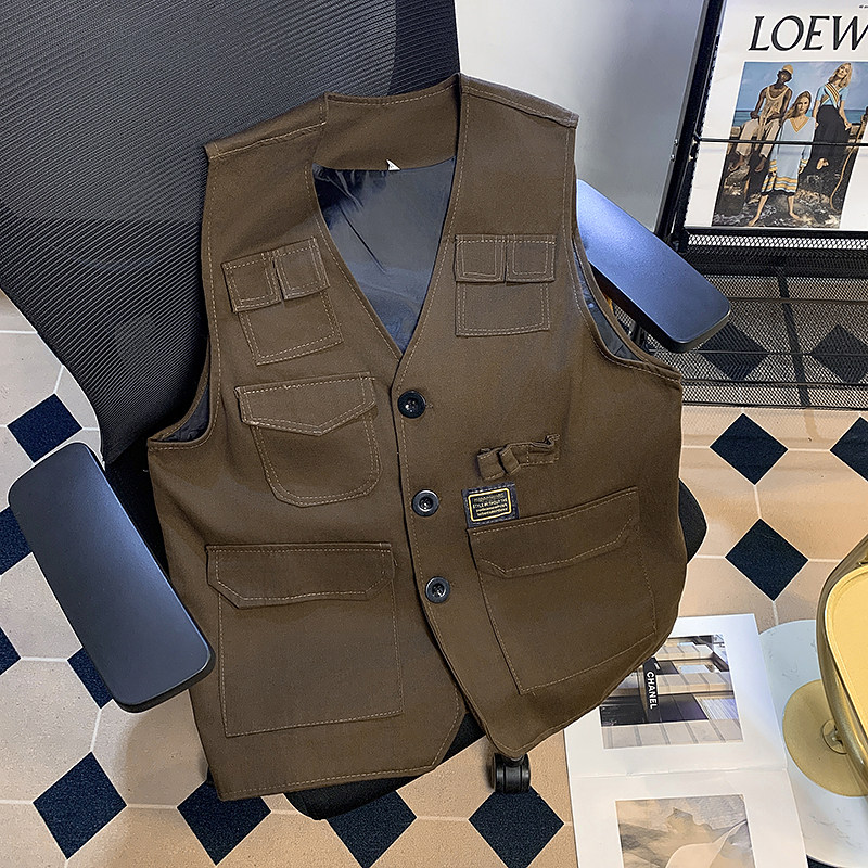 棕色多口袋工装马甲男夏季2024新款叠穿坎肩无袖V领背心休闲马夹,男装,背心,淘宝优惠券,粉丝福利购,淘宝优惠卷