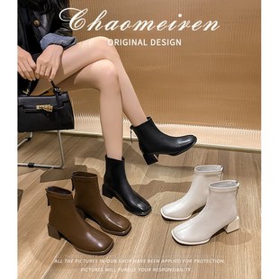 2024新款 英伦风百搭方头瘦瘦靴中跟粗跟炸街短靴子 马丁靴女秋冬季