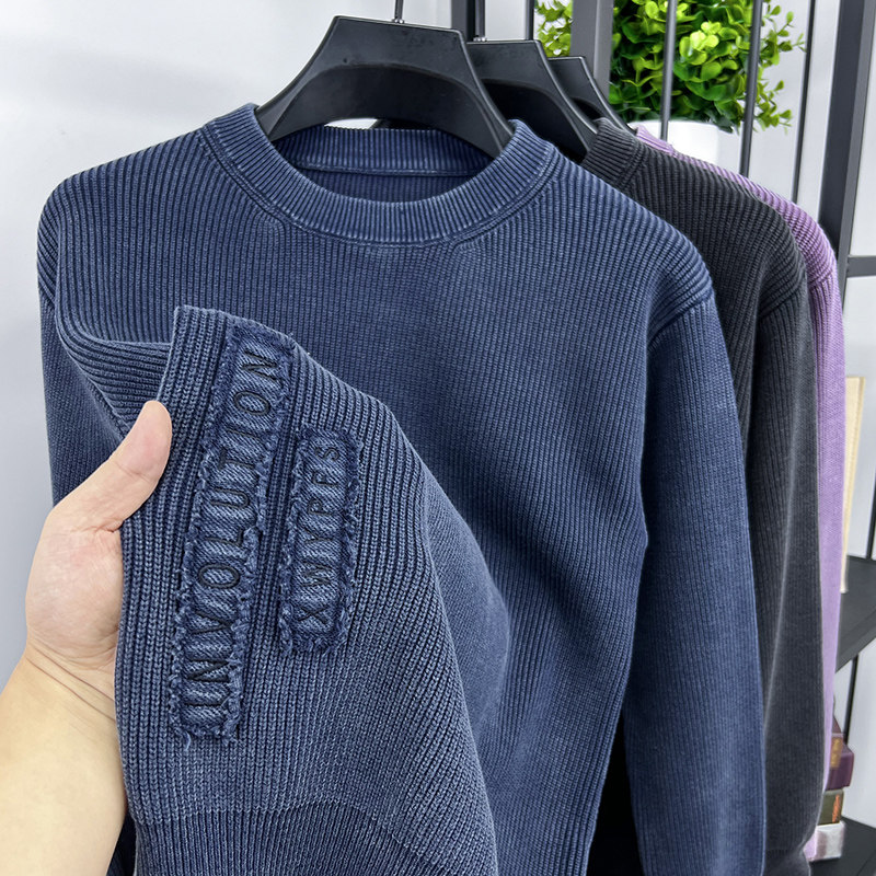 贴布刺绣复古毛衣男士秋冬季圆领加厚针织打底衫水洗做旧棉质潮流,男装,针织衫/毛衣,淘宝优惠券,粉丝福利购,淘宝优惠卷