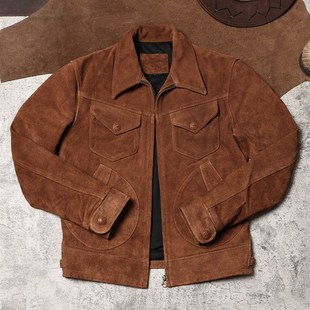 秋冬农场主皮夹克 美式复古门多萨皮衣 反绒牛皮翻领工装真皮外套
