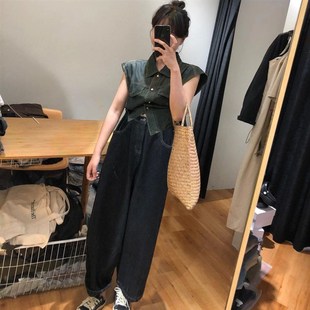 休闲裤 老爹裤 子女 小众设计感复古工装 气质时髦高腰宽松阔腿牛仔裤