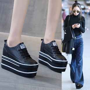 松糕厚底真皮小黑鞋女百搭休闲内增高10CM加绒单鞋冬天小白鞋子潮