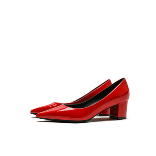 百搭5cm红色高跟鞋 2023春季 黑色3cm 女尖头舒适工作鞋 漆皮粗跟单鞋